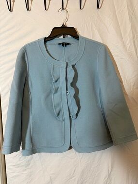SZ10 Talbots 100% Wool Light Blue Ruffle Front Jacket